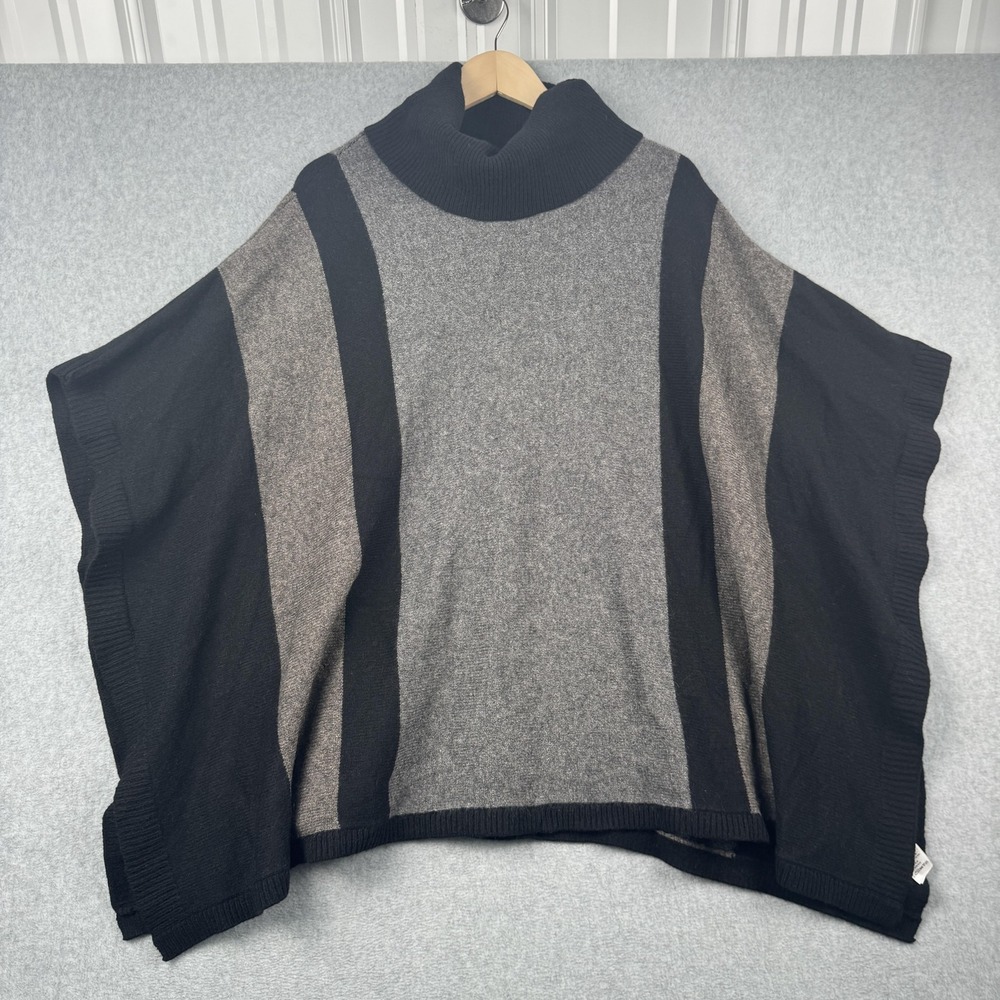 Tahari Poncho Sweater Womens‎ Large Grey Black Wool Yak Colorblock Turtleneck